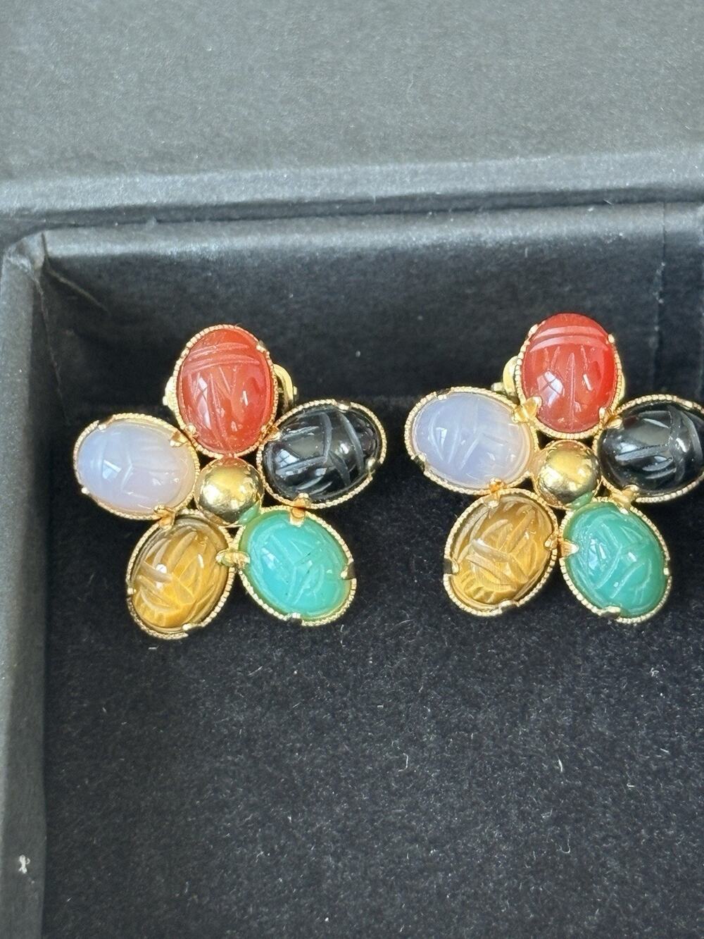 Vintage 1/20 12k Gold Filled Winard Flower Semi Precious Scarab Clip On Earrings